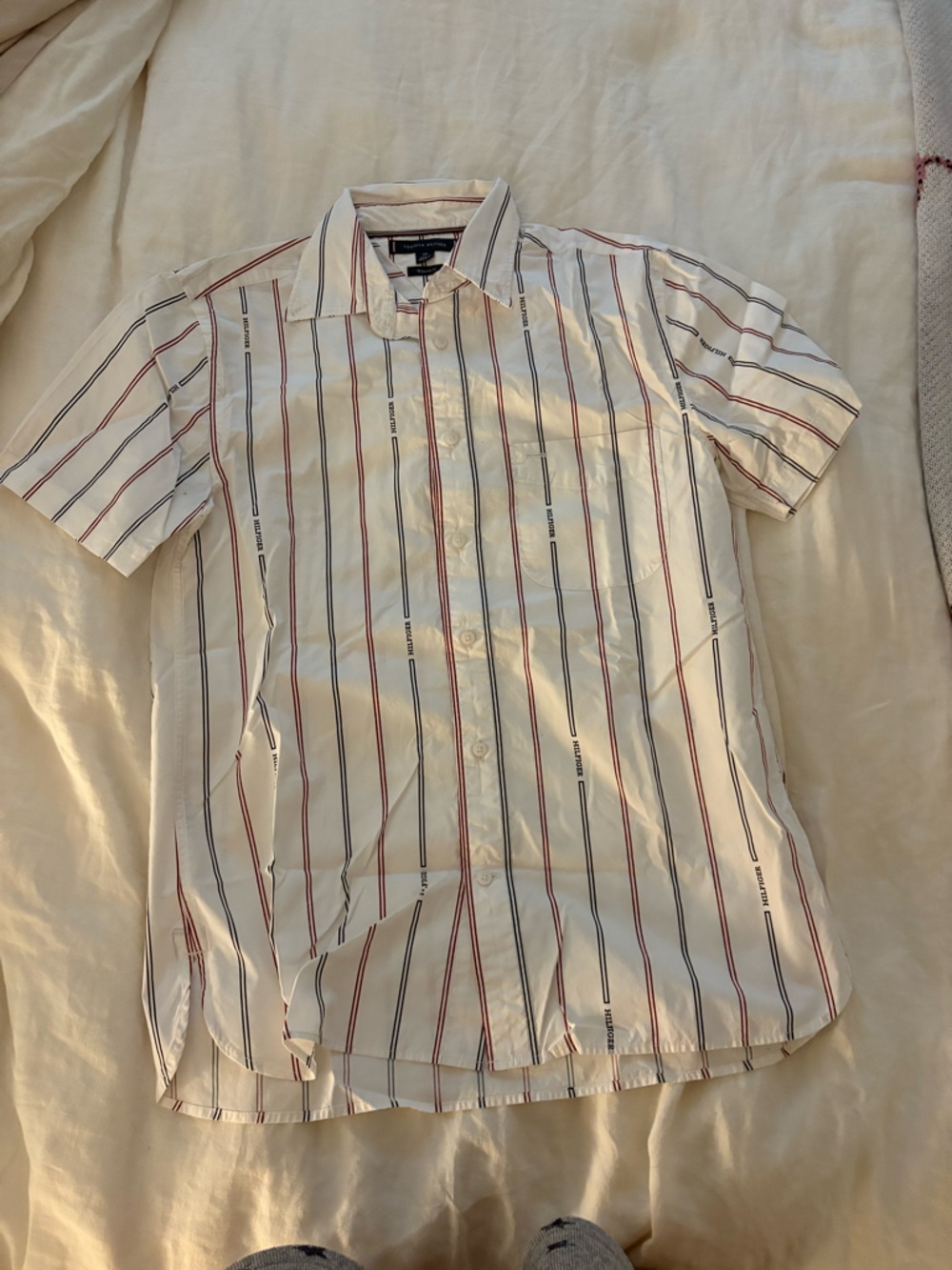 Tommy Hilfiger White Short-Sleeve Button-Down Shirt with Red and Navy Stripes